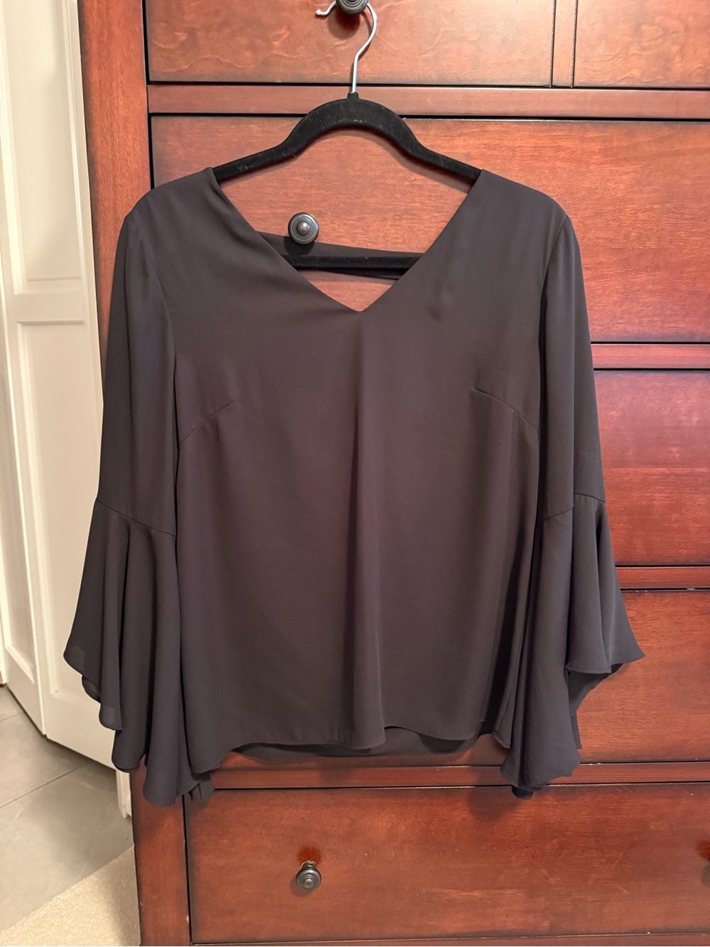 White House Black Market Black V-Neck Ruffle Bell Sleeve Blouse